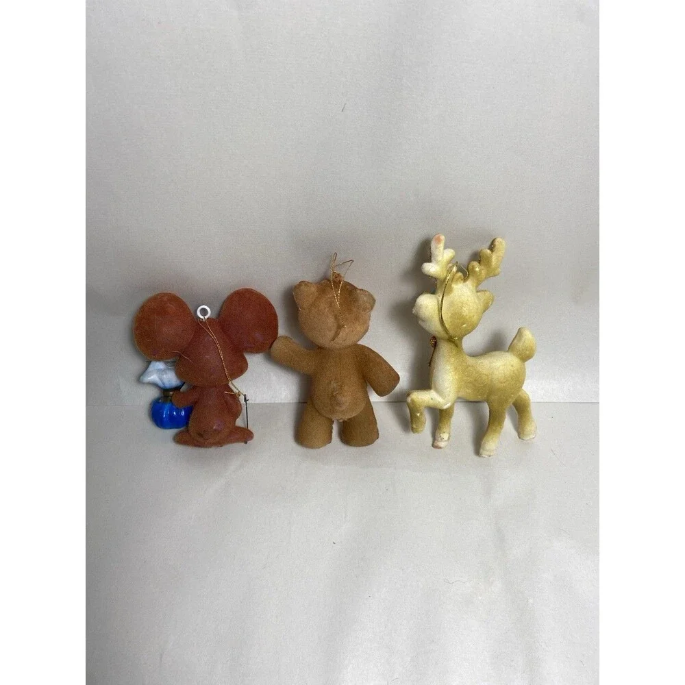 Vintage Christmas Ornament Lot 5 Flocked Plastic Santa Elf Deer Bear Blow Mold